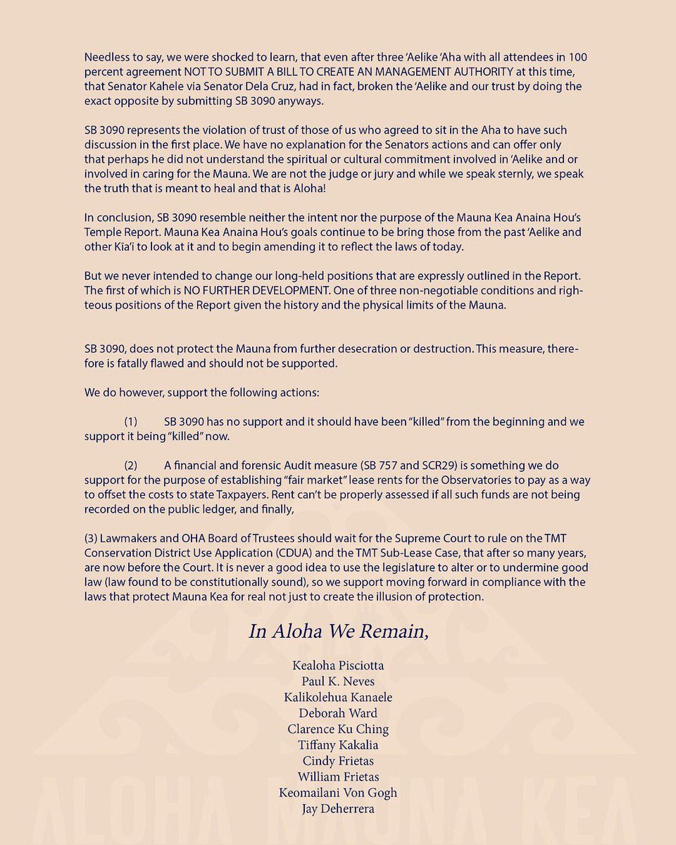 sacredmaunakea's tweet photo. Mauna Kea Hui Position Statement in OPPOSITION to Senate Bill 3090 #AoleTMT #AlohaMaunaKea Mahalo@kalahuihawaii on twitter and Healani Sonoda-Pale.
#sacredmaunakeahui #sacredmaunakea #tmtshutdown #kiaiohana #hawaii #sacred #smkhthankyous #melekamahana #maunakea #aoletmt https://t.co/ei0xRmlKP9