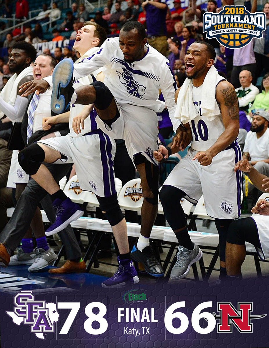 ADVANCE! SFA moves on to the SLC Championship game with a win over Nicholls. Light the towers Nac! See you in Katy at 8 p.m. tomorrow, 'Jack Nation. #AxeEm #PurpleLights
