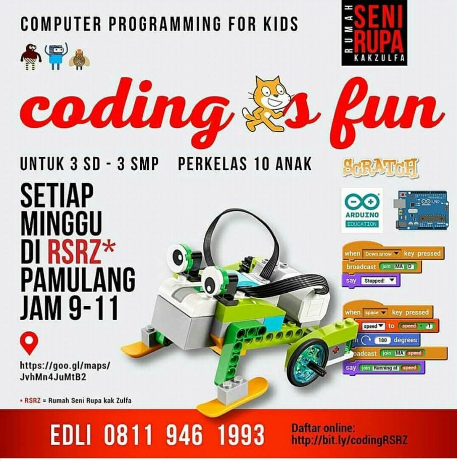 Lukisandotcom's tweet image. Bagi yang berminat mengikuti kelas #codingisfun di #rumahsenirupakakzulfa sila daftar online di sini:
bit.ly/codingRSRZ
#computerprogrammingforkid #computer #coding #kidsjamannow
#kids
@kakzulfa @edliadi