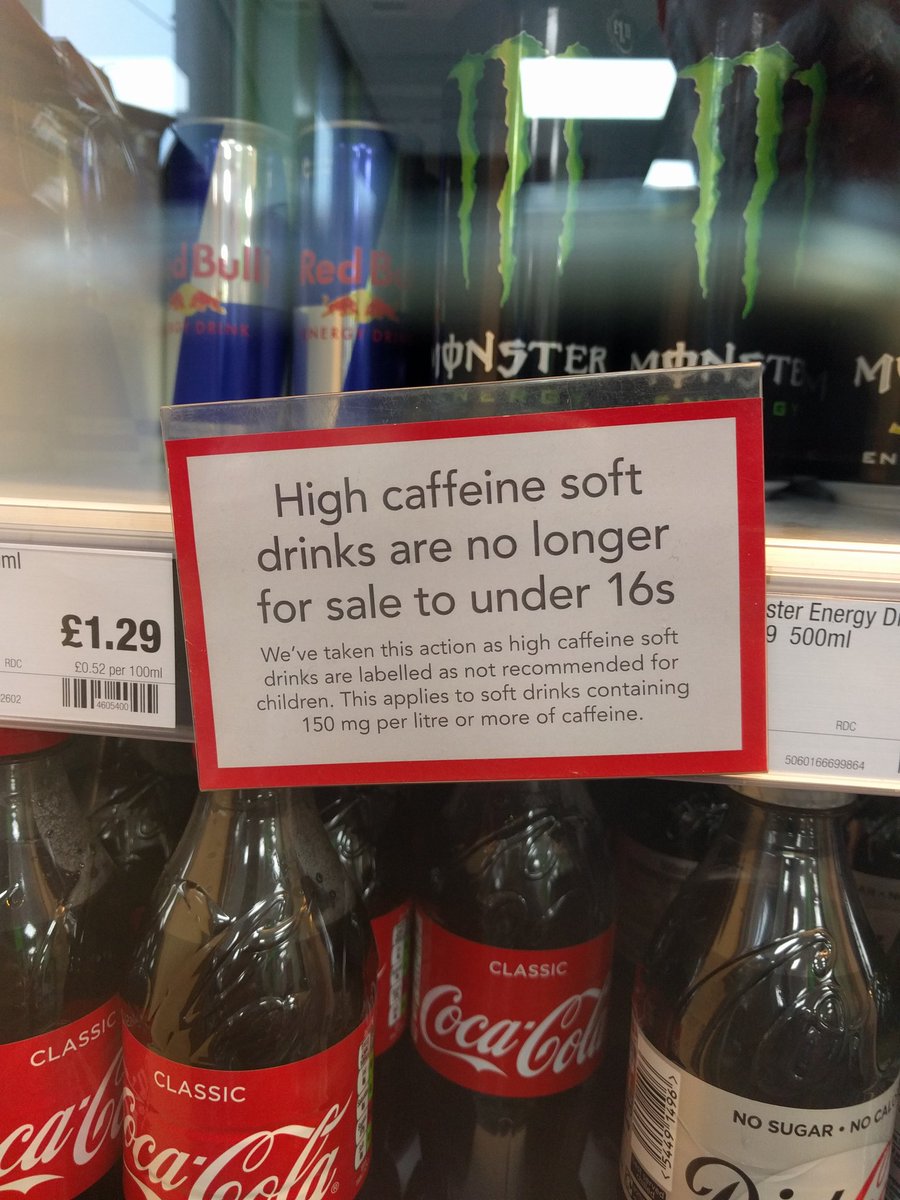 Sean50p's tweet photo. Very happy to see these signs appearing in my local Co-op. Even checked a person's age while I was in.
#energydrinks #Hyper #Over16s https://t.co/EhdkHWDeps
