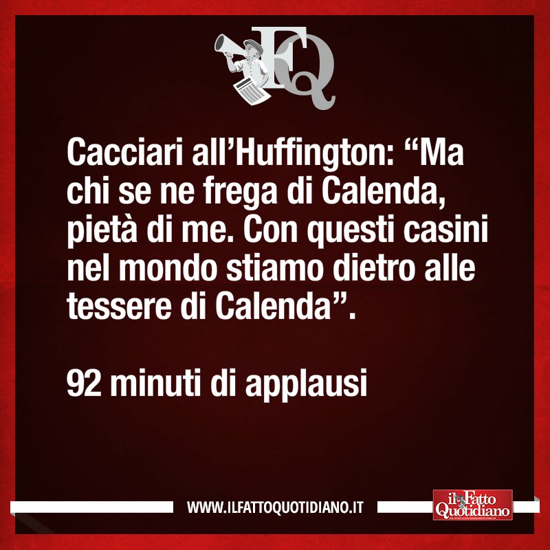 fattoquotidiano's tweet photo. Cacciari all’Huffington: “Ma chi se ne frega di Calenda, pietà di me. Con questi casini nel mondo stiamo dietro alle tessere di @CarloCalenda".  
92 minuti di applausi
#fattoquotidiano #lafrase #edicola #10marzo #primapagina https://t.co/TjJE3FKfZq