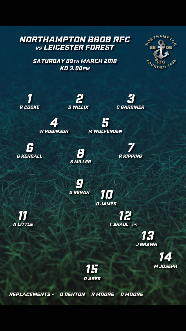 Game day for BBOB! 1st XV take on <a href="/LFRFC/">Leicester Forest RFC</a> at The Mill and 2nd XV travel to <a href="/MensOwnRugby/">Mens Own Rugby</a>. Here's your starting line up for the 1st XV.