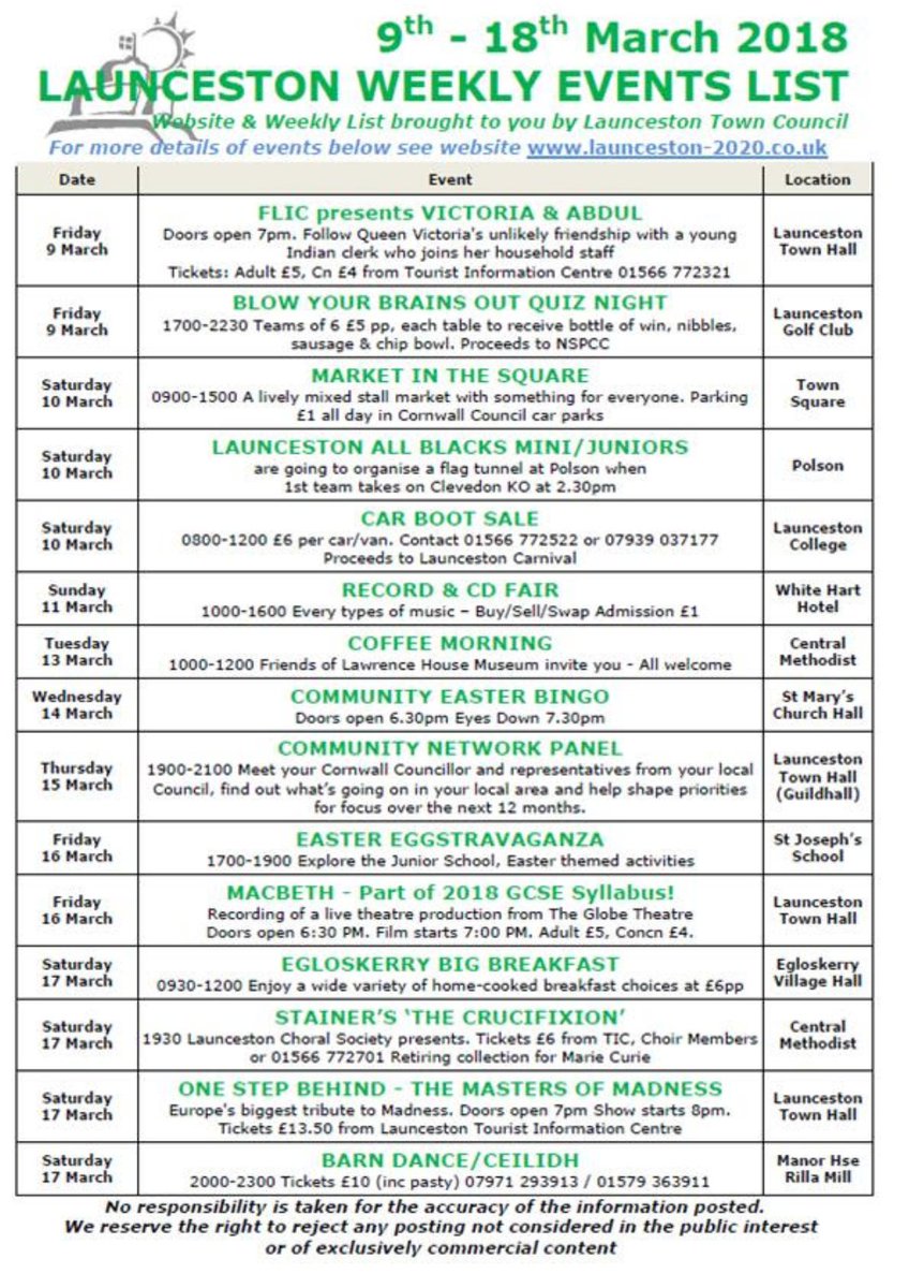 Here's what's happening in #Launceston this coming week! @LauncestonTIC <a href="/LansonTownClerk/">Launceston Council</a> <a href="/Love_Launceston/">LauncestonCornwall</a> <a href="/MrsMassx/">Gemma Massey</a> <a href="/ThePostSeries/">Post Series</a> <a href="/ILoveCornwallUK/">Visit Cornwall</a>