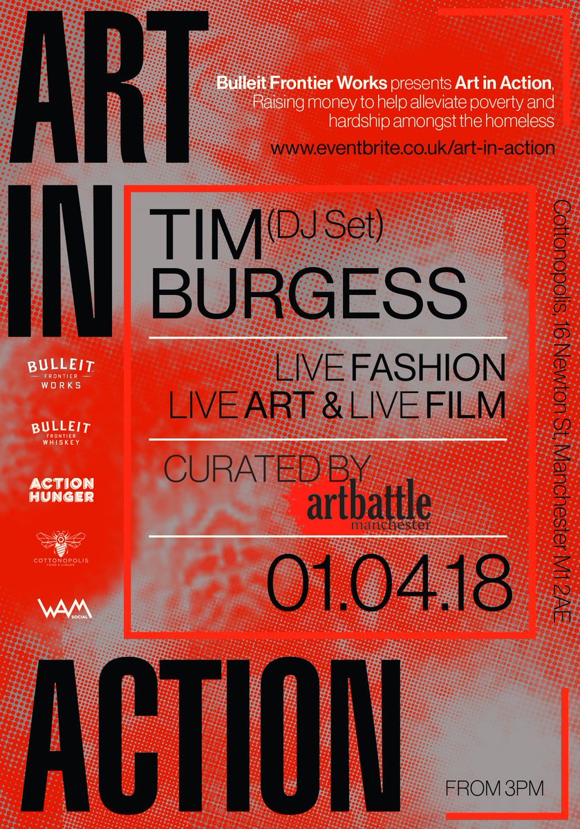 We've teamed up with <a href="/Bulleit/">Bulleit</a> &amp; <a href="/cottonopolisNQ/">Cottonopolis F&L</a> to bring together a day of live art, live film &amp; music to raise money for <a href="/_actionhunger/">Action Hunger</a>

6 Art Battle Manchester veterans will be painting live. <a href="/Tim_Burgess/">Tim Burgess</a> on the decks

Full info &amp; free tickets: <a href="/skiddle/">Skiddle</a>: Cottonopolis-NQ.com/ArtInAction