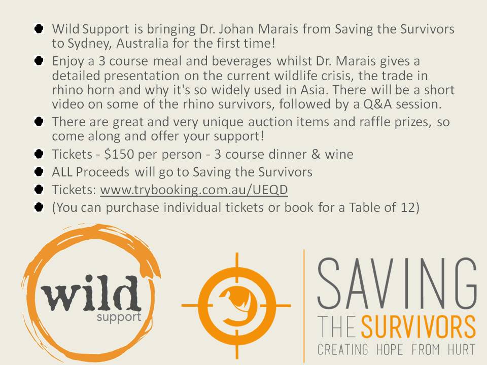 SavingSurvivors's tweet photo. A once in a lifetime opportunity to meet Dr Johan Marais in #SYDNEY, #AUSTRALIA!
Tickets are selling fast, so get yours NOW!
https://t.co/J6ybMQNhEm
#SavingTheSurvivors #WildSupport #DineForRhino 🦏 https://t.co/WVwu5c5q5c