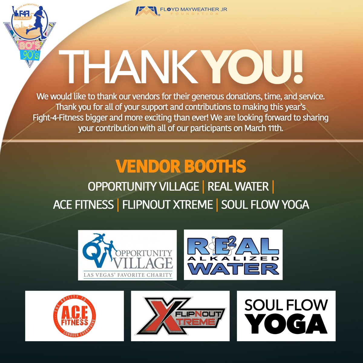 tfmjf's tweet photo. We are thrilled to have @OppVillageLV @Drinkrealwater @ACEFitnessLV @flipnoutxtreme Xtreme & #Soulflowyoga join us for our 4th annual Fight-4-Fitness TOMORROW! Registration is still open and we can't wait to have you all join in on fun! #F4F18 https://t.co/zIwpcqaw8U