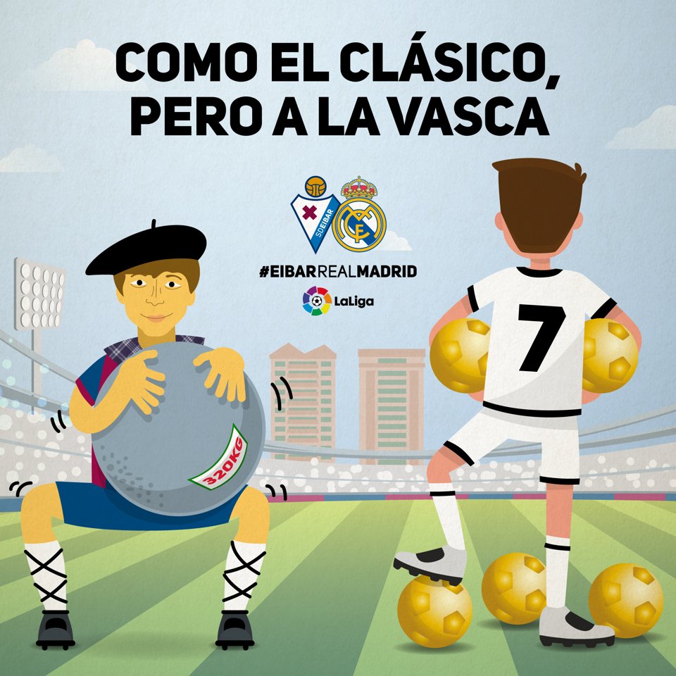 SDEibar's tweet photo. Madridistas del @RealMadrid ⚪️ Aunque seamos los más pequeños de @LaLiga, con los colores de nuestra camiseta este partido va a ser como EL CLÁSICO pero un tanto “a la vasca” 🔵🔴 ¡Aquí nada de oro, Takashi "Unai” juega con el #BalónDePiedra ! 😄💪🏻 #EibarRealMadrid https://t.co/gQoa5R7QgJ