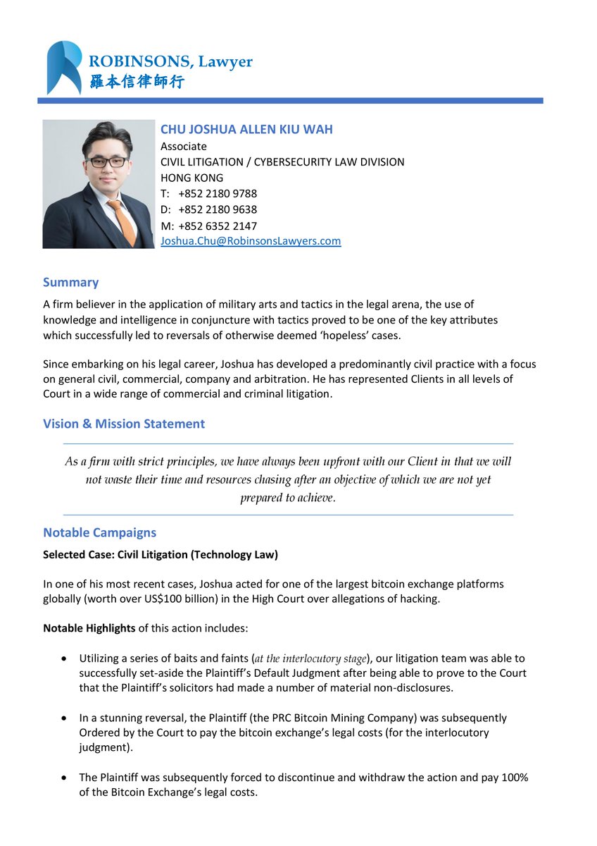 RobinsonsLawyer's tweet photo. Introducing our featured lawyer, Mr. Joshua Chu from our Civil Litigation Department 

In a recent case, Joshua successfully acted for one of the largest bitcoin exchange platforms globally (worth over US$100 billion) in the High Court

#LitigationLawyer #Techlaw #Blockchain https://t.co/gEca2bdrFD