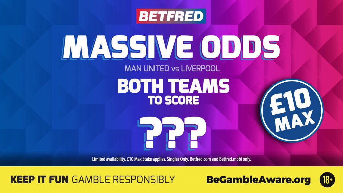 Betfred's tweet photo. ๐ COMING SOON ๐
๐ค #MassiveOdds
โฝ #MUNLIV
โฐ 11am
๐ BOTH TEAMS TO SCORE ๐
*Limited Time Only - ยฃ10 Max* https://t.co/DxVF9DlJVD