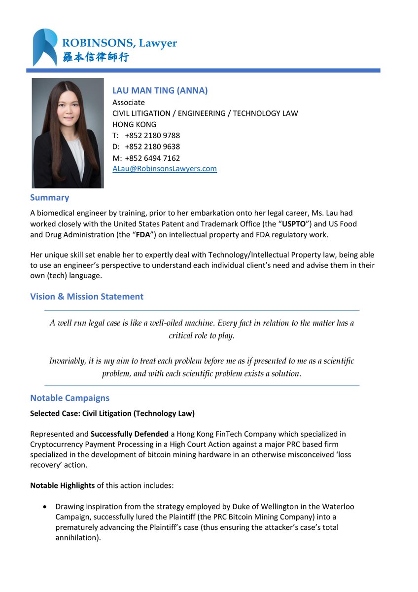 RobinsonsLawyer's tweet photo. Introducing our featured lawyer, Ms. Anna Lau.

A biomedical engineer by training, prior to her embarkation onto her legal career, her unique skill set enable her to expertly deal with Technology/Intellectual Property law.

#EngineerLaw #BiomedicalEngineering #IPLaw https://t.co/qqrugpA9zI
