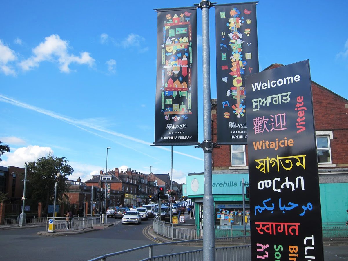 EastStreetArts's tweet photo. Wonderful series of welcome signs and banners created by local primary school children from @HovinghamTweet @BanksidePrimary and Harehills Primary as part of the #harehillsproject. Join us Friday 16th March from 3pm for a celebration of the project - https://t.co/u0jFdc5UPy https://t.co/VOnuHUrtKg