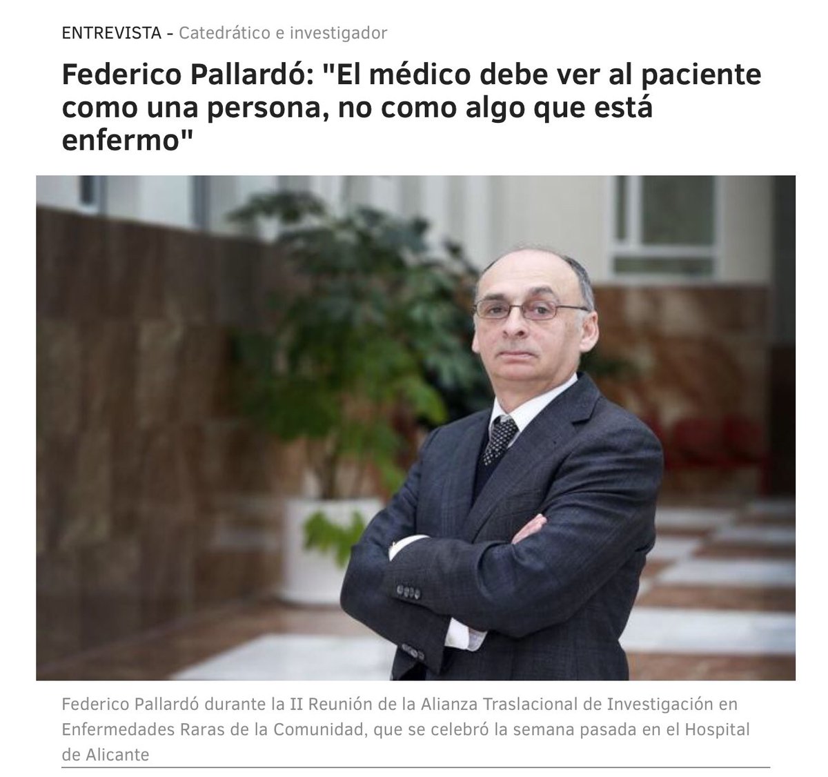 Dr. Pallardó: jefe de grupo del @CIBERER
y del <a href="/incliva_iis/">INCLIVA</a>, coordina el área de #EnfermedadesRaras #EERR:
"El médico debe ver al paciente como una persona,
no como algo que está enfermo"
Participó en el encuentro q ayer organizó <a href="/AsociacionADIBI/">ADIBI</a>
elmundo.es/comunidad-vale…