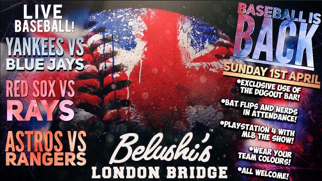 MLBUKClubhouse's tweet photo. MLB is back, Sunday 1st April from 5pm @ Belushi’s London Bridge in the Dugout Bar! Wear your colours,Bring your friends,convert your friends, make new friends and help build the ever growing @mlb_uk community! #BaseballisBack #MLBUK https://t.co/z7ihoccun3