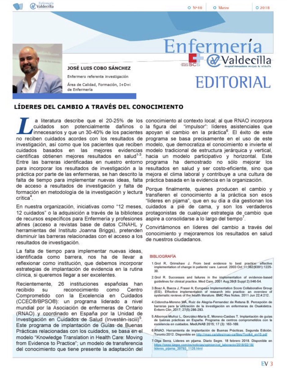 EnfermHRUM_BPSO's tweet photo. Excelente editorial de @jl_cobo en sobre el programa @BPSOspain en el que estamos comenzando en @HRegionalMalaga. Un proyecto con resultados en la práctica clínica democratizando el conocimiento. @CCEIJB @RNAO @DorisGrinspun @CCEIJB @jesusbh https://t.co/WV7rYBhuqv