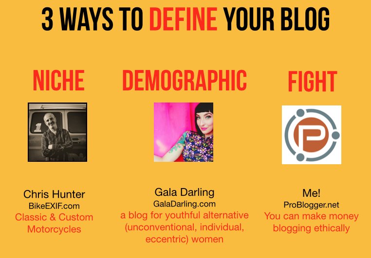 problogger's tweet photo. 3 ways to define what your blog is about. Read more at https://t.co/eYToWFKmOg #ProBlogSlides https://t.co/cb9AqOSR89