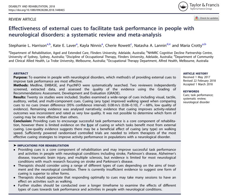 Effectiveness of  external cues to facilitate task performance in people with neurological  disorders: a systematic review and meta-analysis

tandfonline.com/doi/full/10.10…
