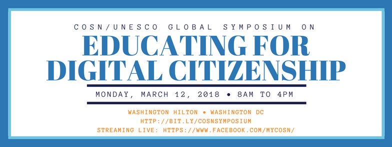 GlobalEdAction's tweet photo. Please RT! Join us in person in Washington DC or online this Monday! UNESCO/CoSN Global Symposium on Educating for Digital Citizenship https://t.co/9KMHuckqtA Find the live stream here: https://t.co/XLnItHhid9.  #CoSN #CoSN18 #CoSN2018 #edchat #edtech #edtechchat #digcit https://t.co/N3VkM4rRrw