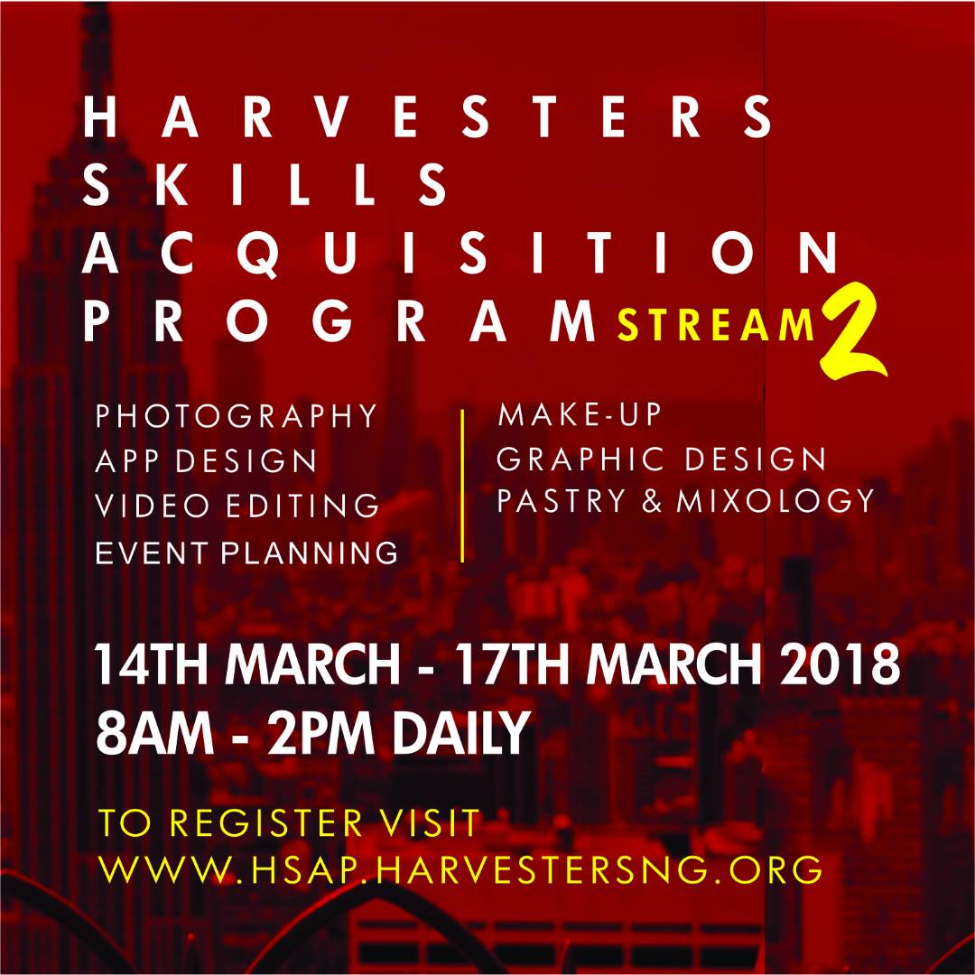 HarvestersINT_'s tweet photo. It is a delightful countdown to the stream 2 of #HSAP.

Here's another opportunity to learn or improve on your skill.

Date: 14th of March -17th of March,2018.

Register: https://t.co/NwYX3QgANC #Harvesters https://t.co/K2XlPaxkLf