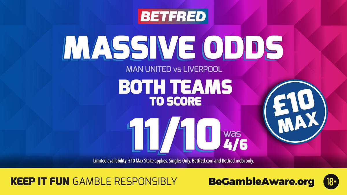 Betfred's tweet photo. ๐ฅ Man United vs Liverpool
๐ค #MassiveOdds
BOTH TEAMS TO SCORE was 4/6
NOW ๐ 11/10
๐ฒ https://t.co/GMlFkroOWa https://t.co/ZUDBCC5r3o