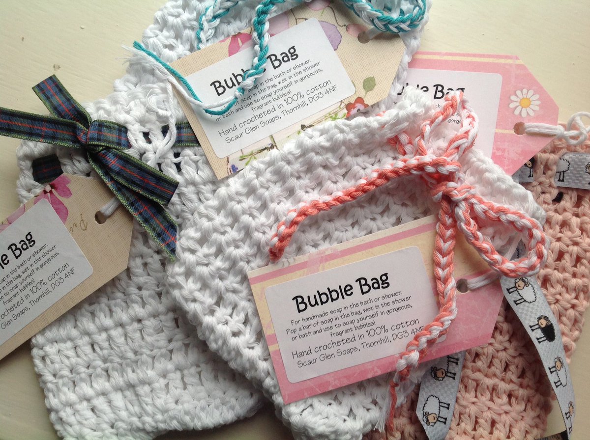 SoapGlen's tweet photo. #ecofriendly #reducewaste Facial Scrubbies and BubbleBags #handcrocheted in 100% cotton with #upcycled #handmade labels too! Available at #Scotiacrafters exhibition in #CastleDouglas https://t.co/QUb1b0oheq