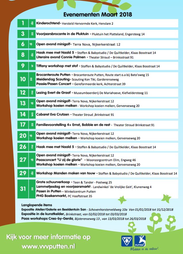 Evenementen kalender Maart 2018