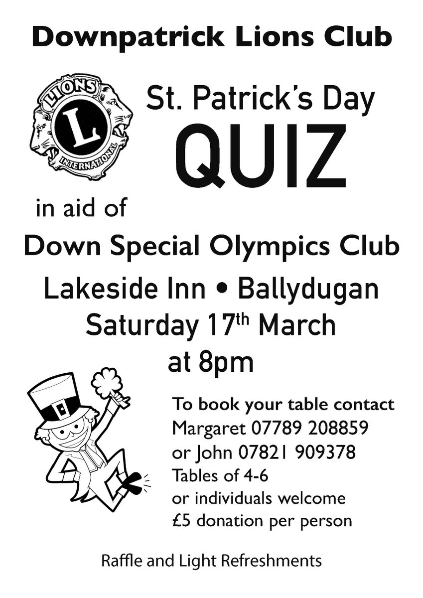 DownpatrickLio2's tweet photo. Our next quiz; please come along and support another good cause. https://t.co/ZRjElFdpF2
