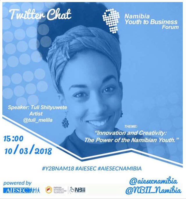tuli_melila's tweet photo. Join me today as I chat about Innovation and Creativity in relation to the power of Namibian youth ✊🏾 tweet me 😊
#y2bnam18 #aiesec #aiesecnamibia https://t.co/eAOatvw5v6