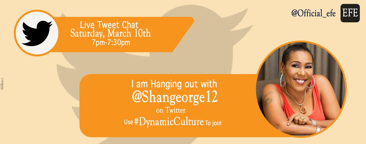 VictorEjechi's tweet photo. Join @official_efe on twitter today Saturday @7pm with Veteran Nollywood actress @shangeorge12 in a Q&A session using the hashtag #DynamicCulture.
Be sure to ask her any question you want. It's gonna be so much fun! See you there 😉. #BeninTwitter https://t.co/vnbkURUc1R