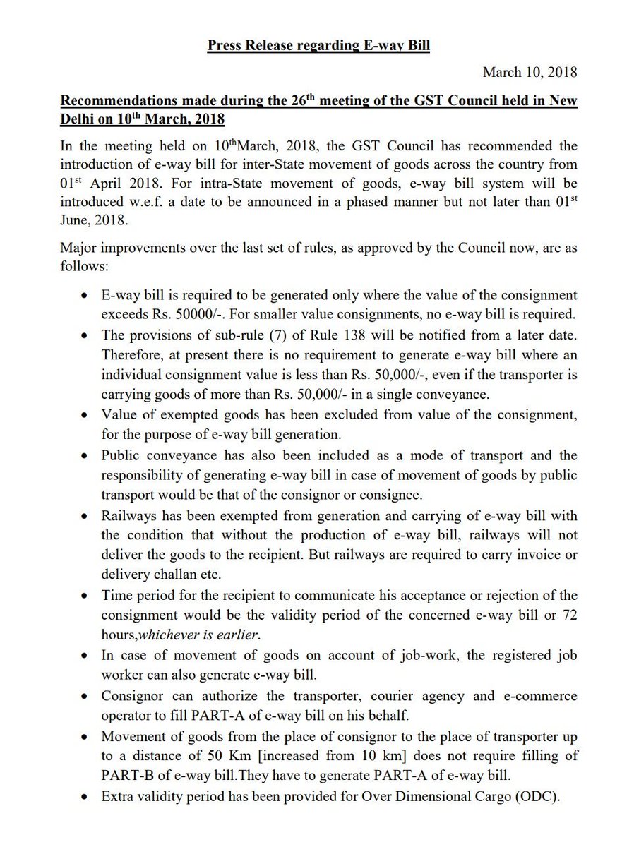 askGST_GoI's tweet photo. 26th GST Council meeting press release on E-Way Bill (1/2) https://t.co/Ex3LsyT6SK