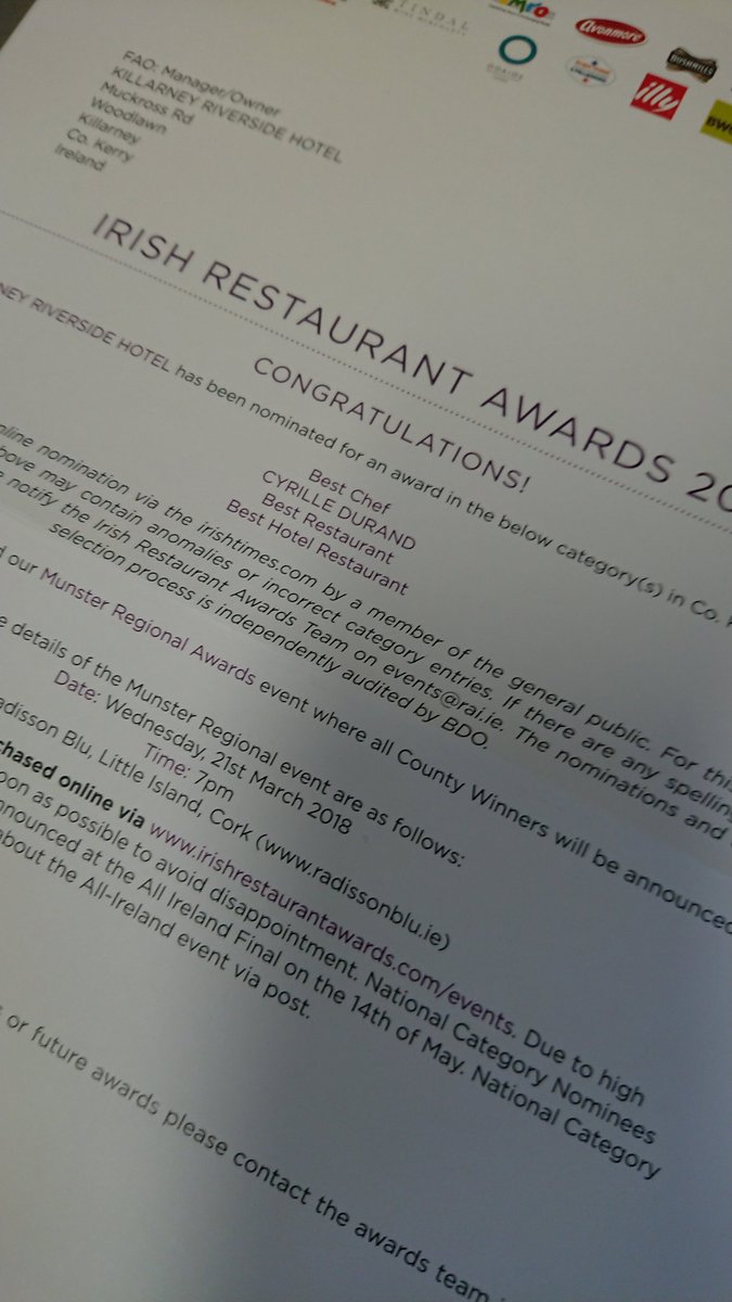 TheBacchusRoom's tweet photo. Delighted to be nominated, recognition to the whole team! Thank you for all your votes. @cdbil @Riversidekerry @RAI_ie @restawards #FoodOscars #lovekillarney https://t.co/HH7ZK2O13A
