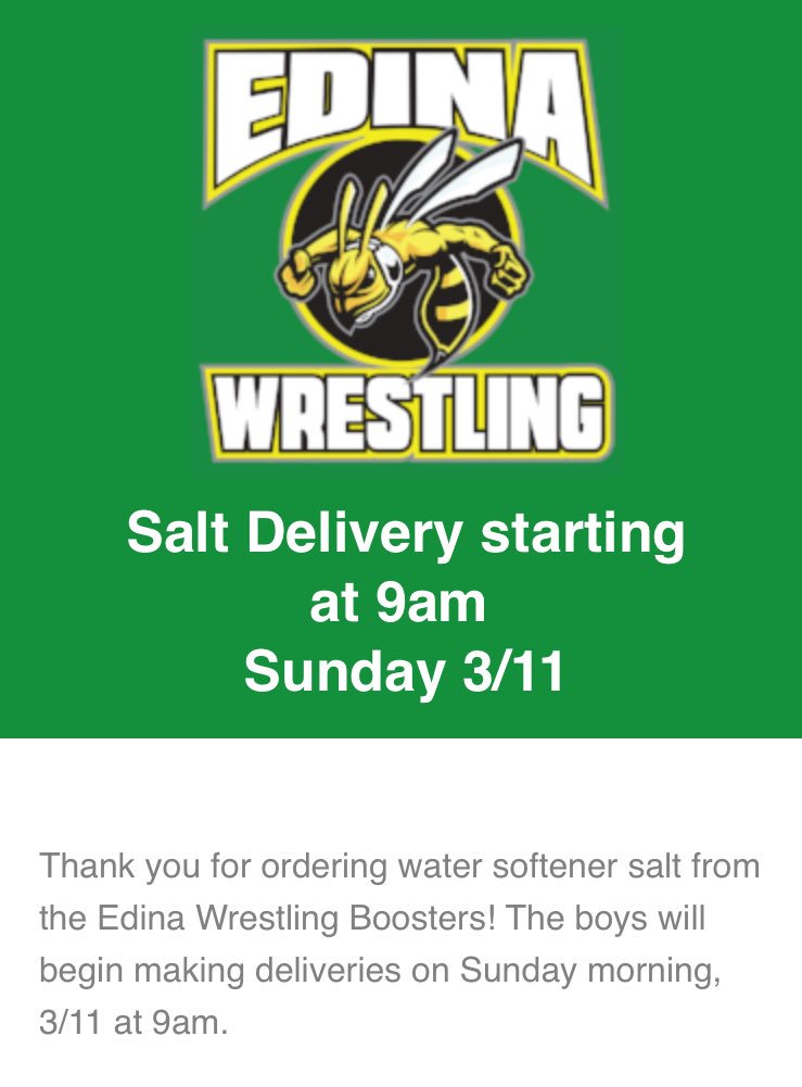EdinaWrestling's tweet photo. The Edina Wrestling team will be delivering 24 tons of salt throughout Edina this Sunday!  💪 https://t.co/ckMzRmSAQE