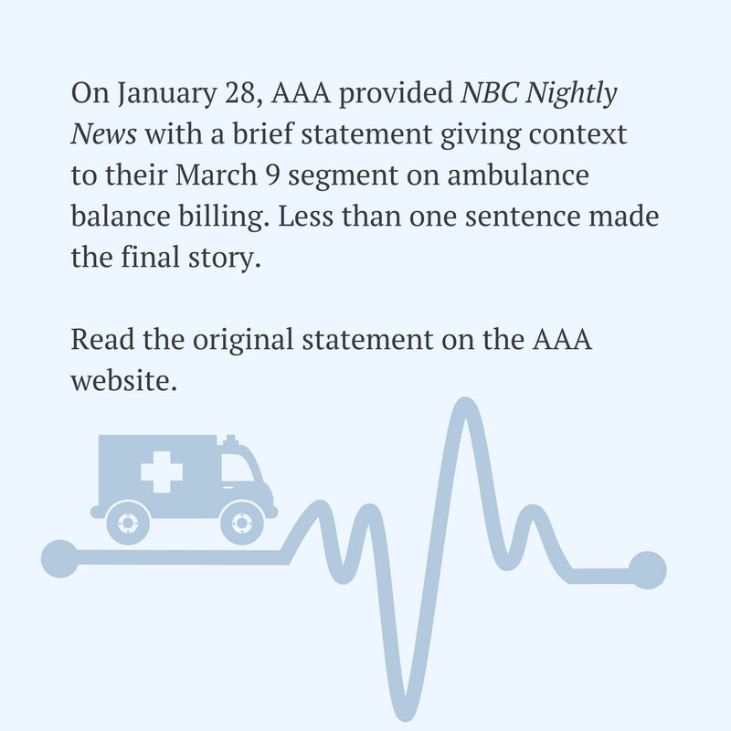 amerambassoc's tweet photo. Read the statement sent to @NBCNightlyNews @ericsalzman for the #ambulance #balancebilling story. #EMS cares deeply about patients: it is why we do what we do. FYI, the out-of-network issue is often caused by #insurance cos' unfair negotiation techniques. https://t.co/i8hAeRT9gB https://t.co/O6uH5TECAa
