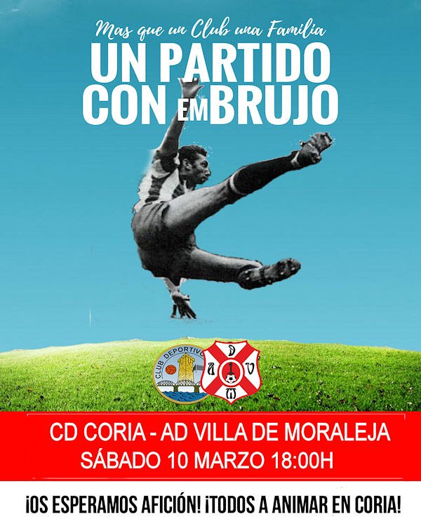 📣PARTIDAZO📣

Llamamiento a nuestra AFICIÓN, hoy todos a Coria a animar a nuestros cadetes en su partido frente al <a href="/CDCORIA/">Club Deportivo Coria</a> en un derby siempre disputado y con un embrujo especial.

🏟 Campo de Fútbol "César Sanchez"
⏲ Sábado 10 Marzo 18.00h
⚽ CD Coria - AD Villa de Moraleja