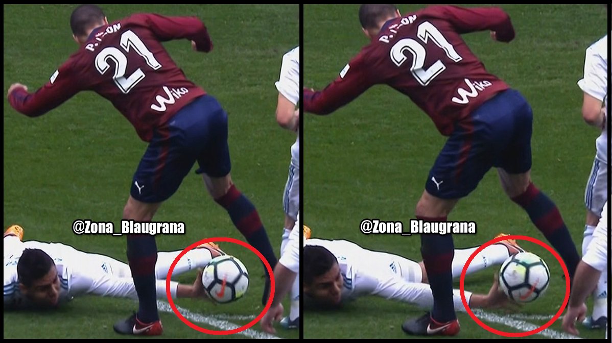 Zona_Blaugrana's tweet photo. Penalti de Casemiro no señalado en el min 21, la línea del área es penalti. #EibarRealMadrid https://t.co/qKW2ek6QL5