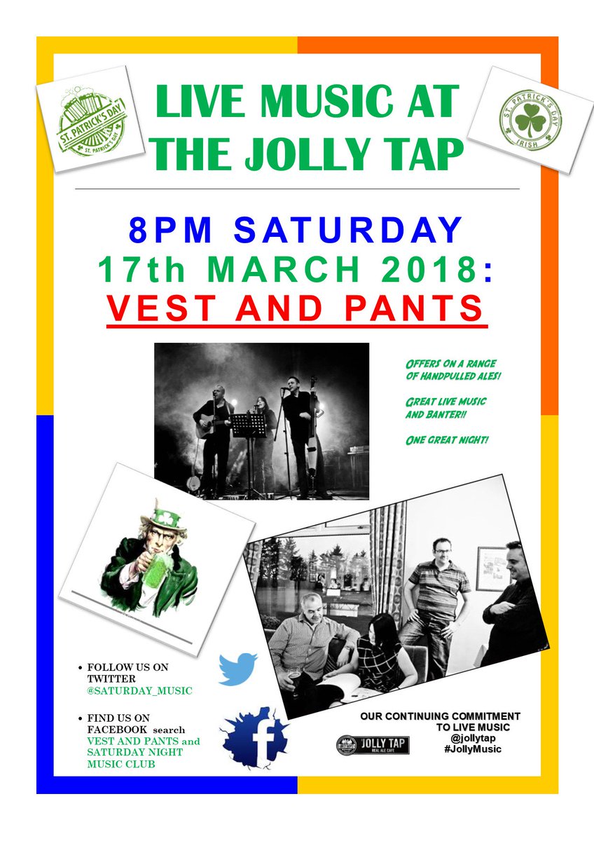JollyTap's tweet photo. Next Saturday is #StPatricksDay Come and join us at the Tap when we welcome #LIVEMUSIC from @saturday_music legends VEST AND PANTS! It'll be a lovely #shindig! @jollybrewer01 @JollyBoysBDM 8pm onwards :-) https://t.co/37fhKyFU5l