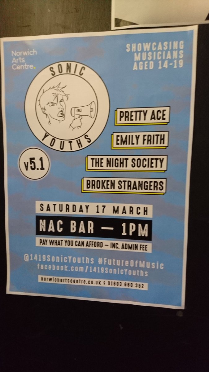 1419SonicYouths's tweet photo. #opportunities 1-wk 'til our v5.2 #showcase @NorwichArtCentr when @NightSocietyBND, #PrettyAce, @EmilyFrizzle, @BrokenStrange join the #SonicYouths #fam! 1pm start, pay what you can afford to #experience the #futureOfMusic https://t.co/bZoUj3GdOn https://t.co/5AV8zHqMia