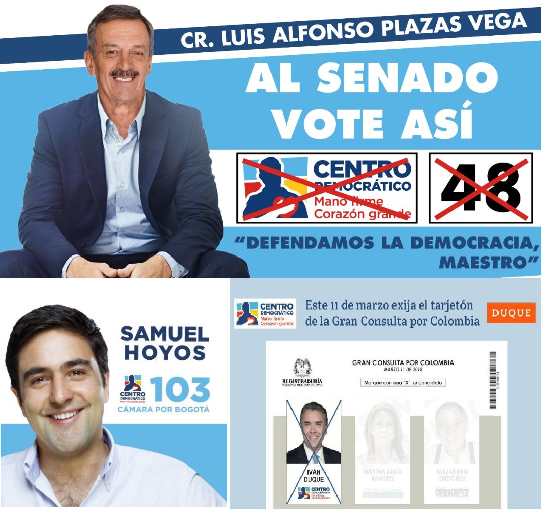 LAPlazasVega's tweet photo. #PlazasVegaSenadorCD48 Así pueden votar los colombianos para #DefenderLaDemocracia con @IvanDuque candidato a la presidencia, @SamuelHoyosM #103 cámara por Bogotá y al Senado #Vote48 @LAPlazasVega @CeDemocratico https://t.co/ilPwXel88N