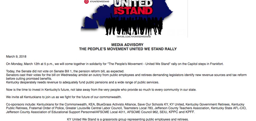 KyDems's tweet photo. United We Stand Rally Monday, 5 p.m. will be big. Teachers, advocacy groups, police, retirees and state workers all showing up in solidarity at the Capitol. #RiseUp #WeSeeYou #revenuebeforereform https://t.co/qGQzqRtVGd