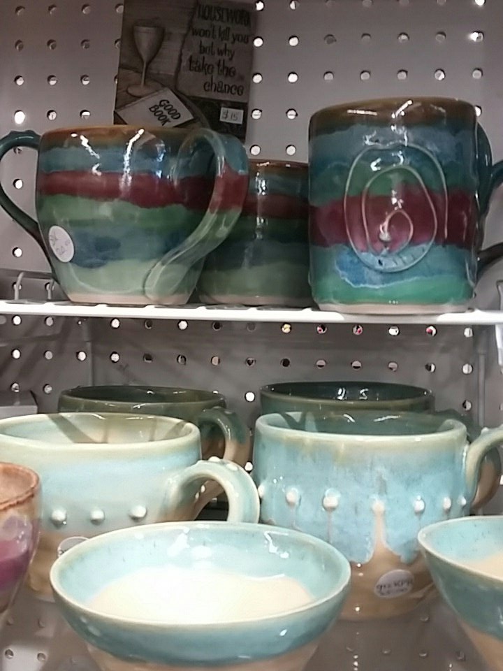 Local hand made pottery of Stella Kuiper. Beautiful seafoam  blue green colours. Cups bowls and plates... <a href="/HamOntMarket/">Hamilton Farmers’ Market</a>
