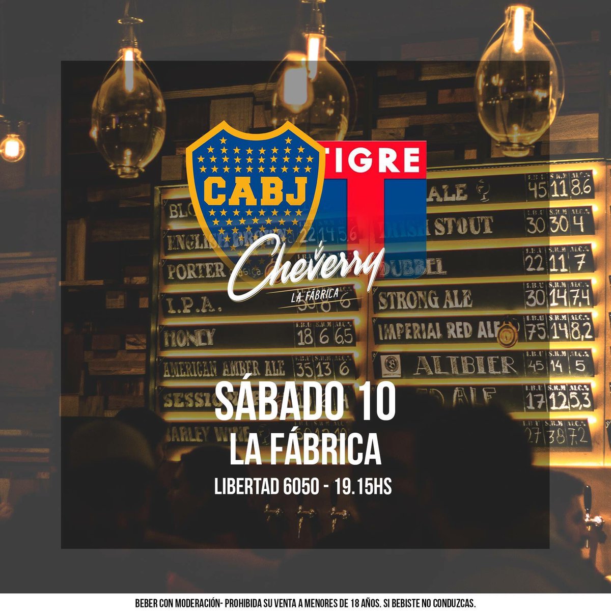 cervezacheverry's tweet photo. Sábado en #Cheverry! Boca vs Tigre
Te esperamos para disfrutar del partido en Pantalla Gigante!
Recargá tu Botellón hasta las 21hs! https://t.co/54g2yNFWsJ