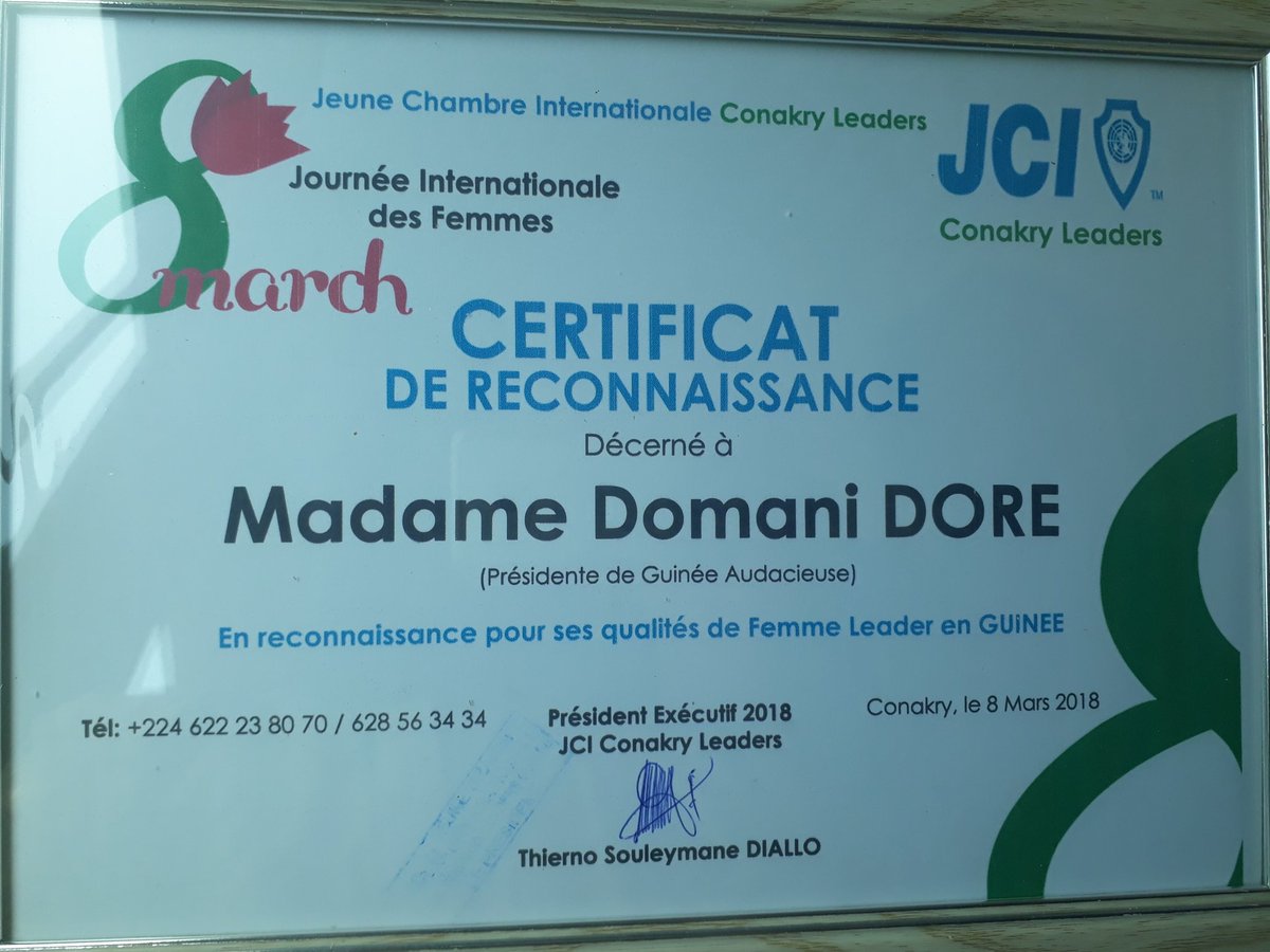 Guin_Audacieuse's tweet photo. Certificat de reconnaissance décerné à notre Présidente @domani_dore pour ses qualités de femme leader en Guinée.@Teliwel @bethiomoca @sow_billy @diakatop10 @sidibe_diaka @Toulayetata @Camara_Zeina @SOWAB911.
#Forceauxfemmes
#GA
#ENSAC
#JCICONAKRYLEADERS https://t.co/Cu4o361E99