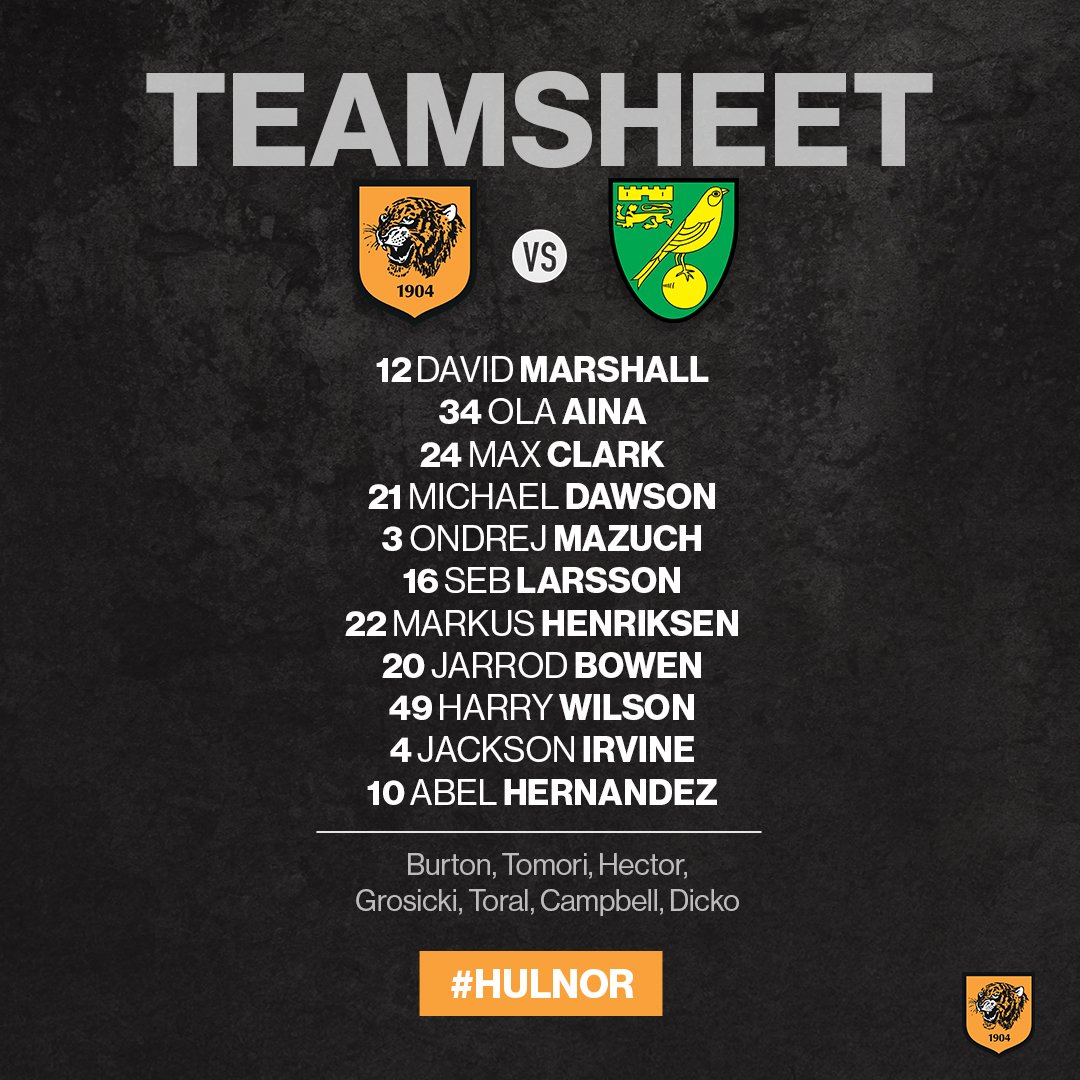 HullCity's tweet photo. 🔶◾️ | Here’s the @HullCity team to face @NorwichCity in this afternoon’s @SkyBetChamp clash at the KCOM Stadium #HULNOR https://t.co/g5Ri1tH14X