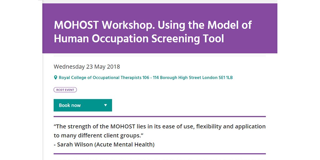 theRCOT's tweet image. We are running a MOHOST Workshop. 'Using the Model of Human Occupation Screening Tool'. This event aims to introduce the MOHOST to occupational therapists, irrespective of their level of knowledge. More info &amp;amp; booking: rcot.co.uk/mohost