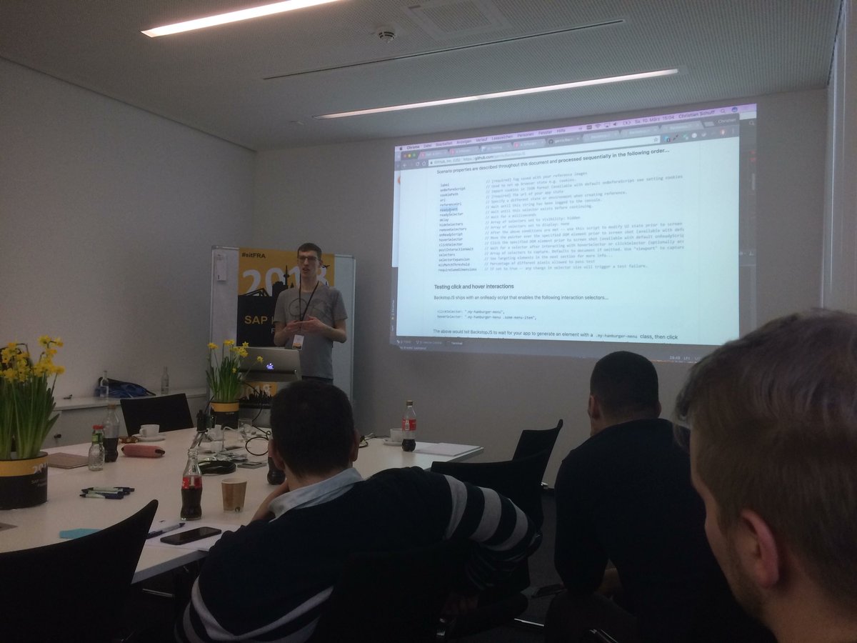 fredverheul's tweet image. And again we’ve got a presenter introducing non-SAP technology to #sitFRA participants. Now @christianschuff about #BackstopJS