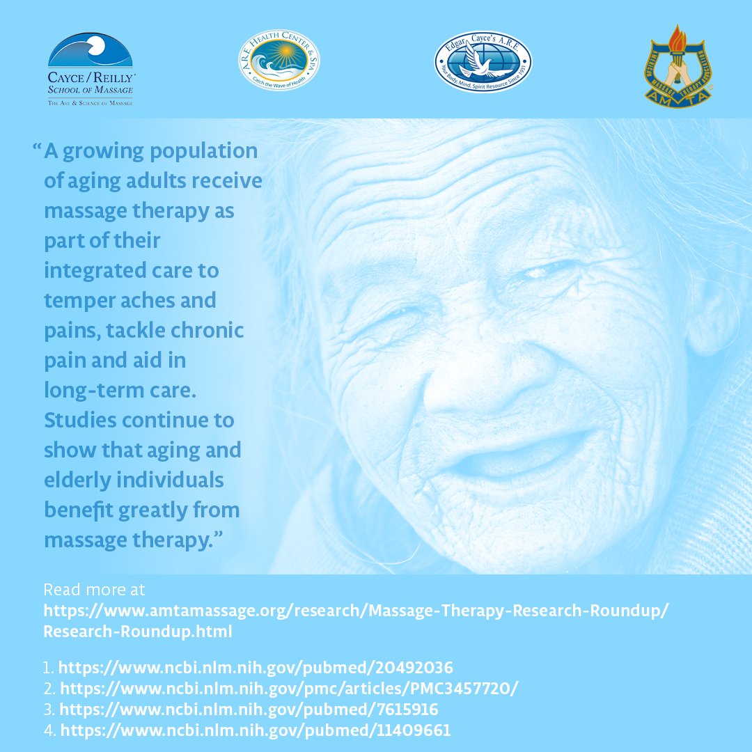 AREHealthCtrSpa's tweet photo. "A growing population of aging adults receive massage therapy as part of their integrated care to temper aches and pains, tackle chronic pain and aid in long-term care. Studies continue to show that aging and elderly individuals benefit greatly from massage therapy." #CayceReilly https://t.co/PmR7MgzfPt