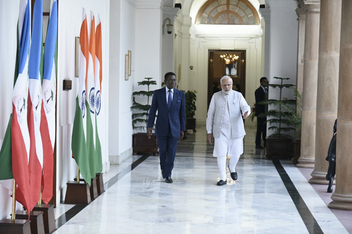 PMOIndia's tweet photo. PM @narendramodi and the President of Equatorial Guinea, Teodoro Mbasogo had a productive meeting in Delhi. They discussed ways to improve economic ties, which will benefit both nations. https://t.co/6Y0I0HNtPM
