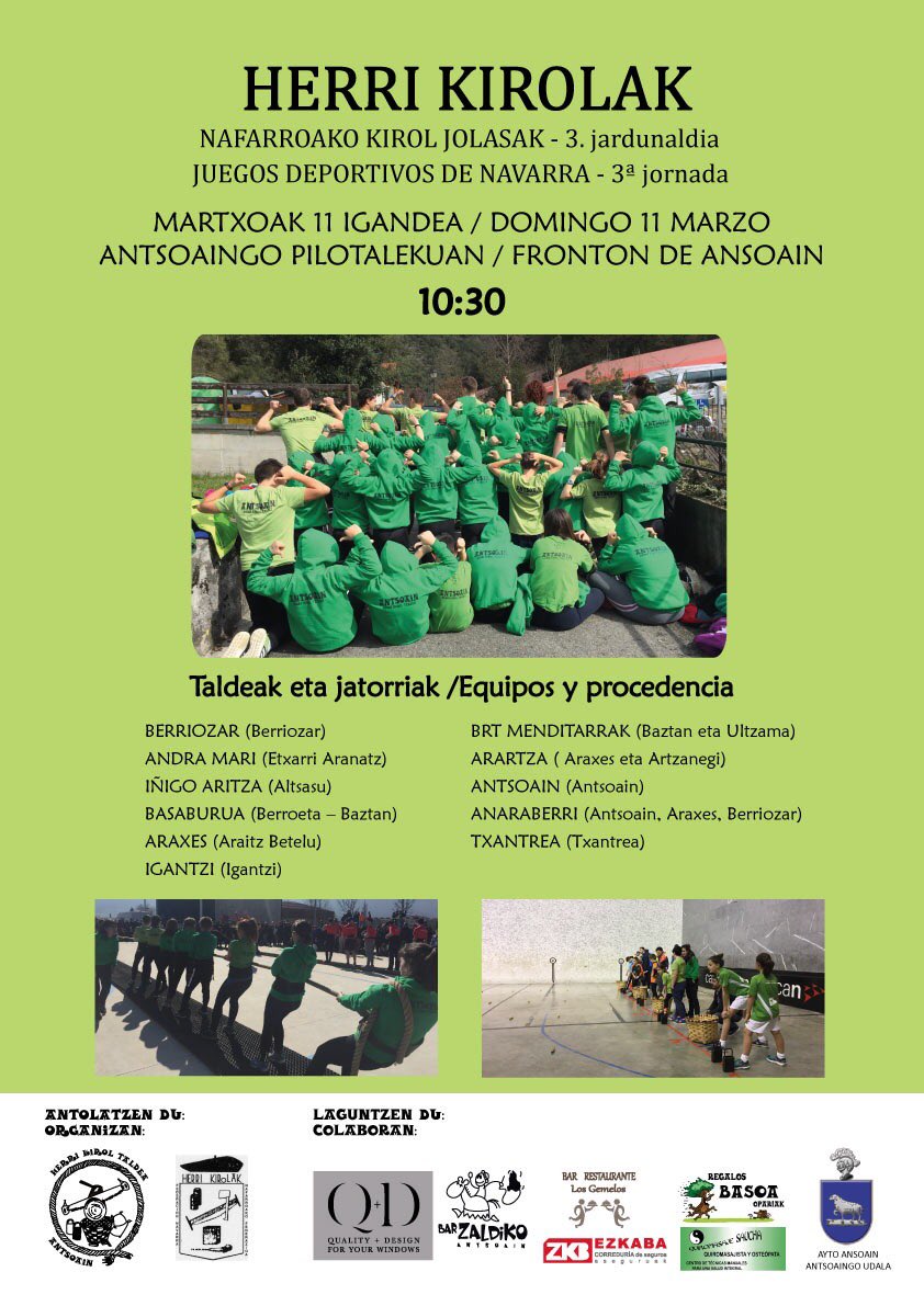 Bihar Antsoainen Herri Kirol txapelketa!!! 
Martxoak 11, igandea 10:30etan pilotalekuan!

Mañana Herri Kirolak en Ansoain!! 
Domingo, 11 de marzo a las 10:40h en el frontón!