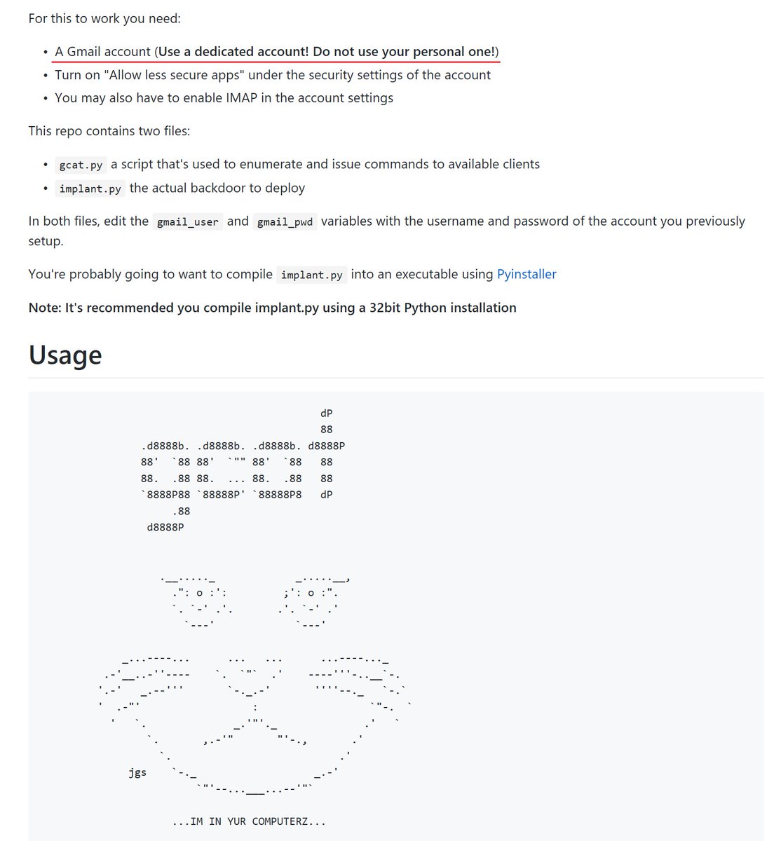 JohnLaTwC's tweet image. A bit dated but who doesn't like a #Python backdoor that uses GMail for its command and control? The instructions have some handy opsec advice.
VT: virustotal.com/#/file/5feb30d…
Sample: ghostbin.com/paste/6m9eo
Project: github.com/byt3bl33d3r/gc…