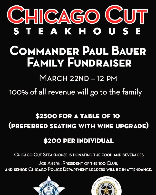 ChicagoCut's tweet photo. Chicago Cut Steakhouse is extremely proud to be hosting this event for the Bauer family. We hope you’ll join us for lunch Thursday March 22nd.  100% of all revenue goes directly to the family. #CommanderBauer https://t.co/40tPhMFmr3