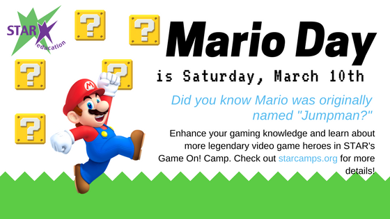 STAReducation's tweet photo. Happy Mario Day!!! If your little one loves games of all types, discover our Game On summer camp! https://t.co/vQBjYIZ0oL for details! #marioday #summercamp #unlockyourgenius https://t.co/zdNOjQuHWo https://t.co/DRTHVMS5Po